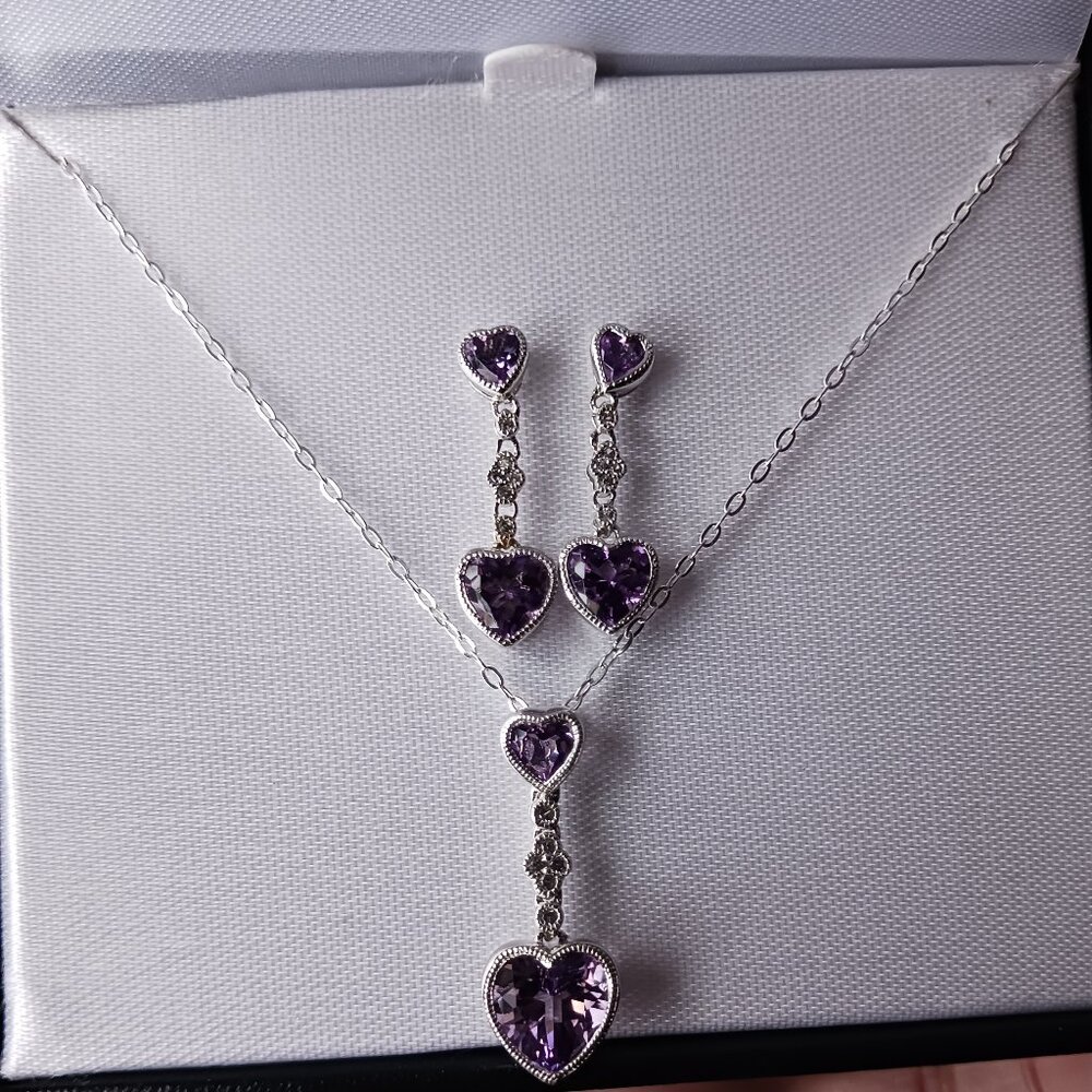 Heart Cut Amethyst & White Sapphire Pendant & Earrings Set Sterling Silver NWT